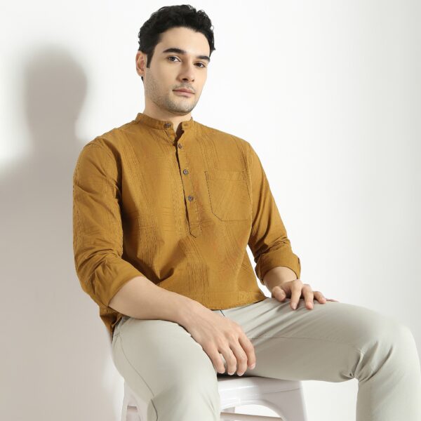 Pure Cotton Self Dobby Pattern - Band Collar Kurta Shirt - Image 7