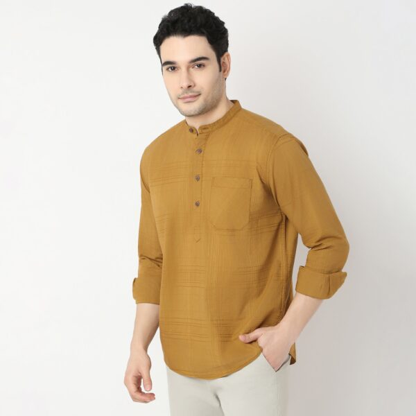 Pure Cotton Self Dobby Pattern - Band Collar Kurta Shirt - Image 10