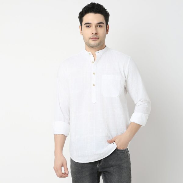 Pure Cotton Self Dobby Pattern - Band Collar Kurta Shirt - Image 12