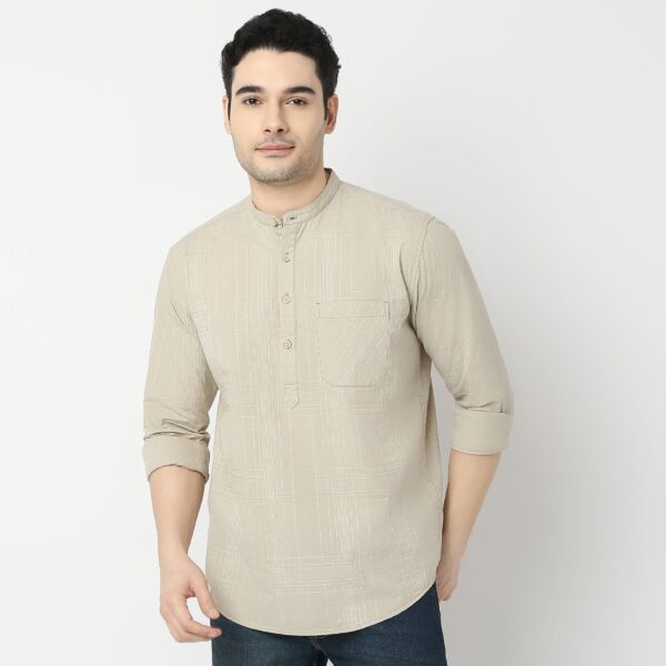 Pure Cotton Self Dobby Pattern - Band Collar Kurta Shirt - Image 17