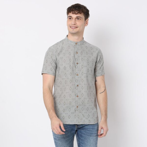 Yard Dyed Printed Mandarin Collar Half Sleeve Shirt - Image 2