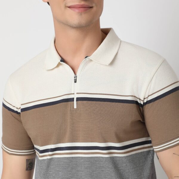 Weekend Polo™ - Exclusive Jacquard Stripes Pattern Zip Neck Regular Fit Polo T-Shirt - Image 4