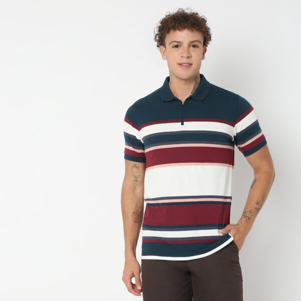 Weekend Polo™ - Exclusive Jacquard Stripes Pattern Zip Neck Regular Fit Polo T-Shirt - Image 2