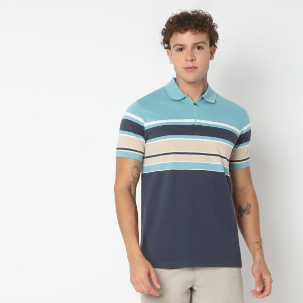 Weekend Polo™ - Exclusive Jacquard Stripes Pattern Zip Neck Regular Fit Polo T-Shirt - Image 2