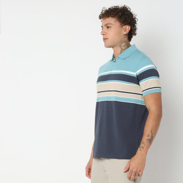 Weekend Polo™ - Exclusive Jacquard Stripes Pattern Zip Neck Regular Fit Polo T-Shirt - Image 5