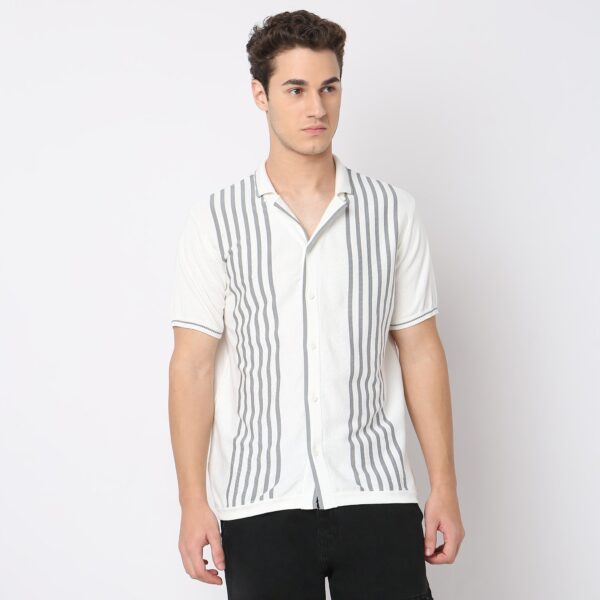 Modern Nerd Hand Knit Jersey Striped Camp Collar Half Sleeve Cuban Shirt - Image 2