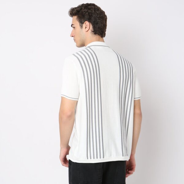 Modern Nerd Hand Knit Jersey Striped Camp Collar Half Sleeve Cuban Shirt - Image 3