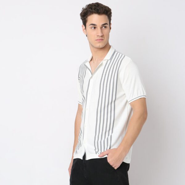 Modern Nerd Hand Knit Jersey Striped Camp Collar Half Sleeve Cuban Shirt - Image 5