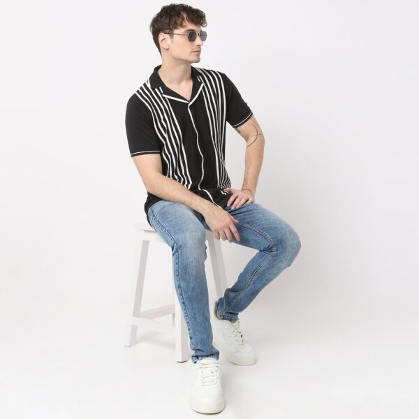 Modern Nerd Hand Knit Jersey Striped Camp Collar Half Sleeve Cuban Shirt - Image 7