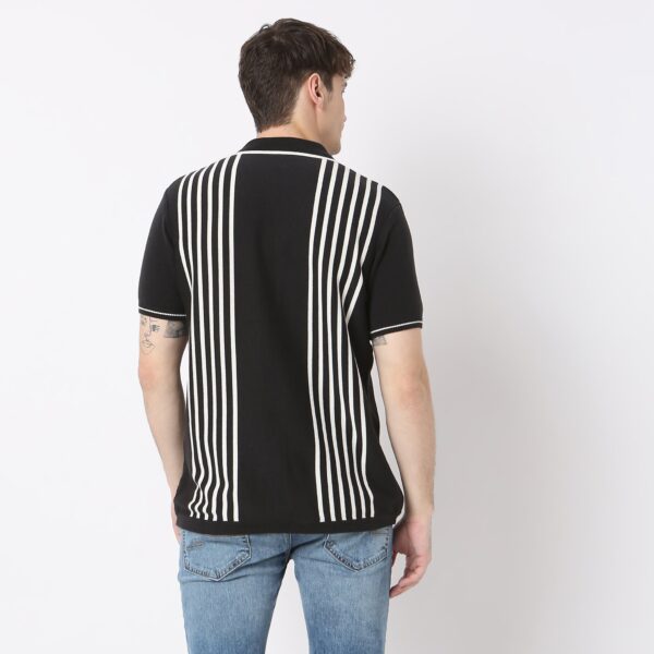 Modern Nerd Hand Knit Jersey Striped Camp Collar Half Sleeve Cuban Shirt - Image 8