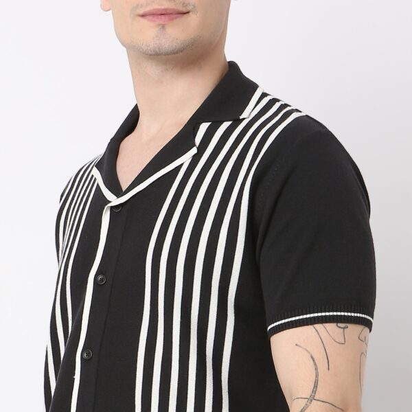 Modern Nerd Hand Knit Jersey Striped Camp Collar Half Sleeve Cuban Shirt - Image 9