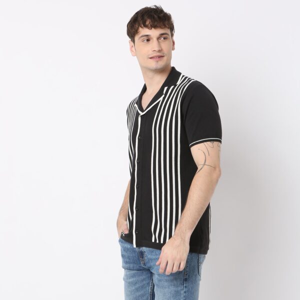 Modern Nerd Hand Knit Jersey Striped Camp Collar Half Sleeve Cuban Shirt - Image 10