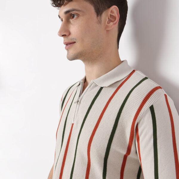 Modern Nerd Hand Knit Jersey Striped Polo Neck Half Sleeve T-Shirt - Image 4