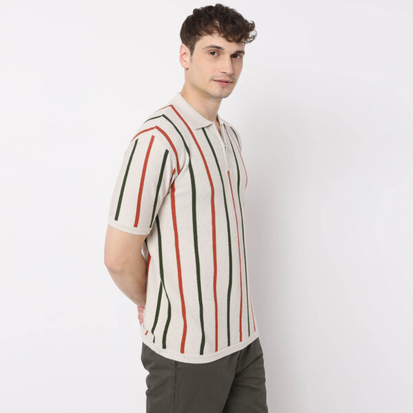 Modern Nerd Hand Knit Jersey Striped Polo Neck Half Sleeve T-Shirt - Image 5